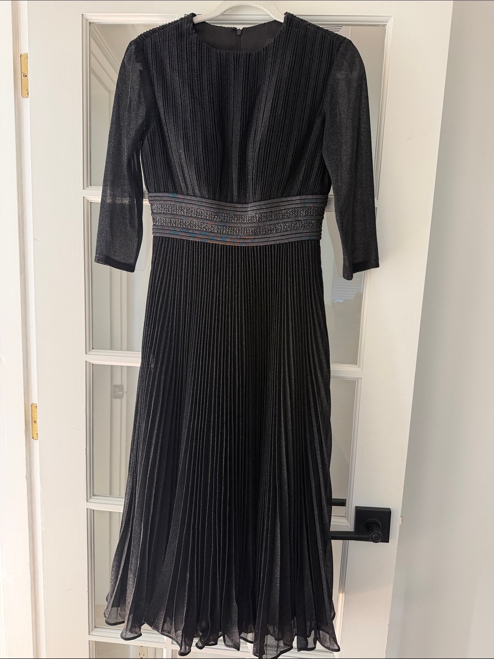 Mac Duggal Black Pleated Midi Dress with Embroidered Waistband Detail